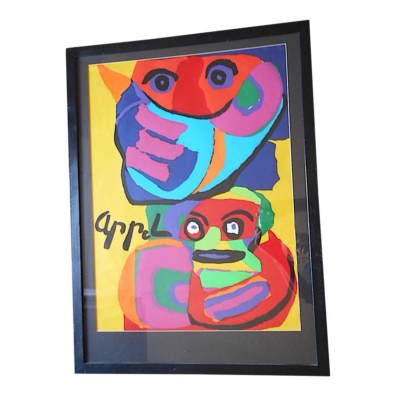 Karel Appel Vintage 1960's Mid Century Modern Signed, Framed Silkscreen Print: This Karel Appel (NY/France/Italy/Switzerland 1921-2006 ) signed (in the plate) vintage 1960's abstract Mid Century Modern custom framed silkscreen ( a.k.a. serigraph) print depicts an abstracted rhin