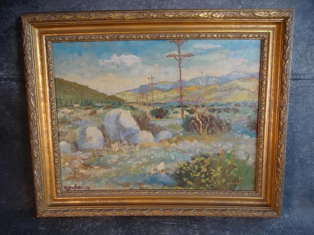 Circa 1973 California Desert Landscape with Telephone Poles Oil Painting by Carl W. Houbein, Framed - 2