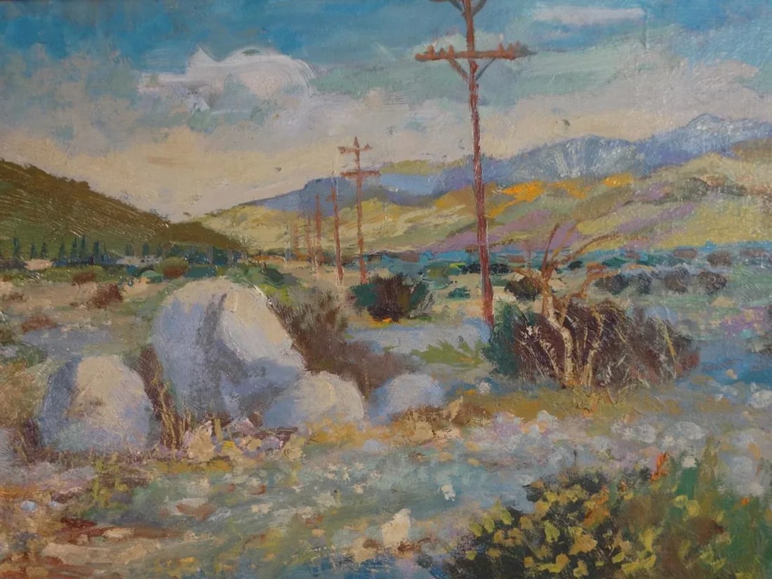 Circa 1973 California Desert Landscape with Telephone Poles Oil Painting by Carl W. Houbein, Framed - 3