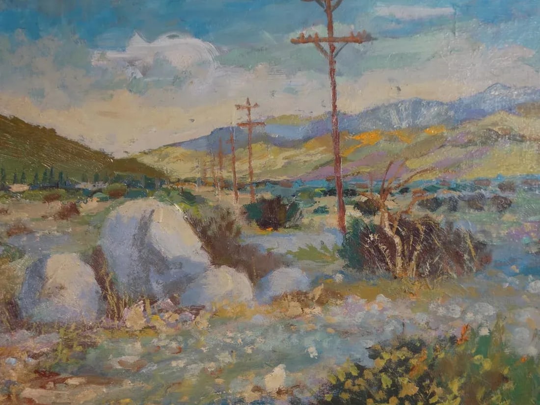 Circa 1973 California Desert Landscape with Telephone Poles Oil Painting by Carl W. Houbein, Framed - 4