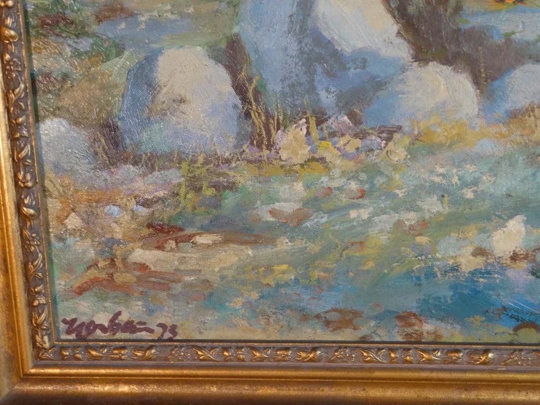 Circa 1973 California Desert Landscape with Telephone Poles Oil Painting by Carl W. Houbein, Framed - 5
