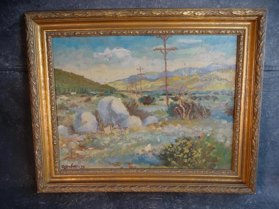 Circa 1973 California Desert Landscape with Telephone Poles Oil Painting by Carl W. Houbein, Framed - 9
