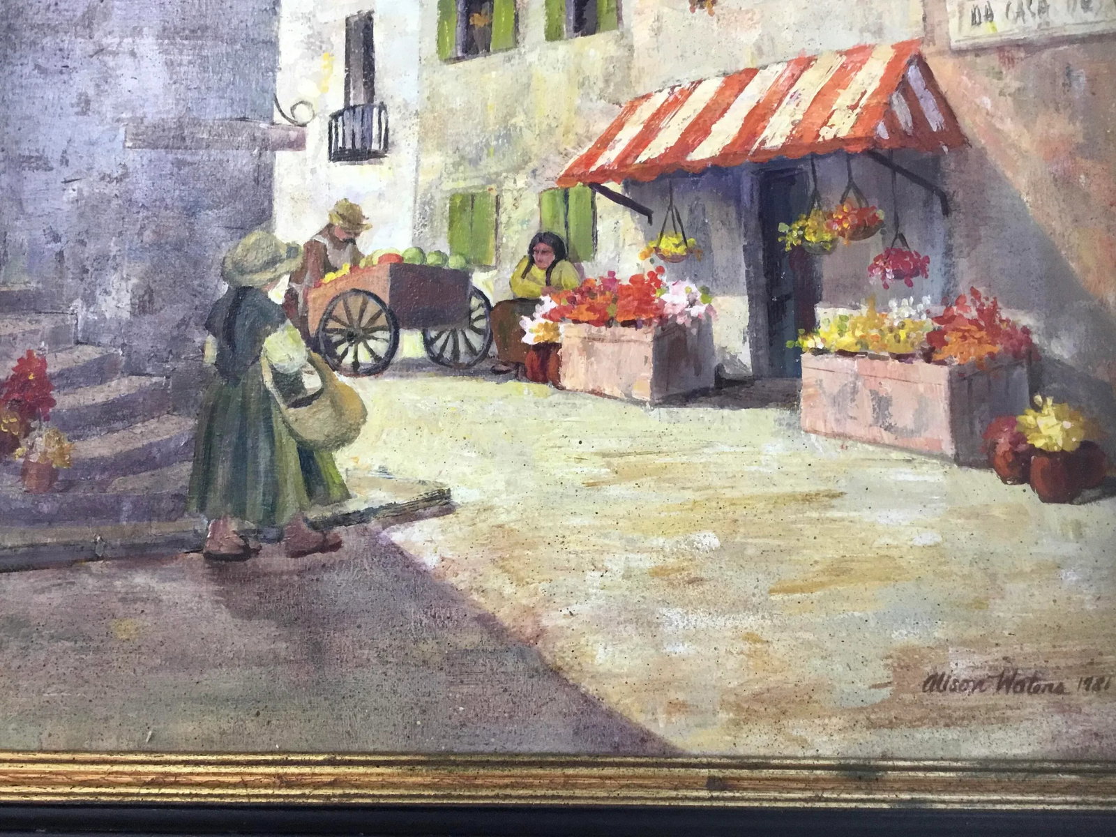 1980s "The Fruit Peddler"Acrylic Painting on Board by Alison Waters, Framed - 7