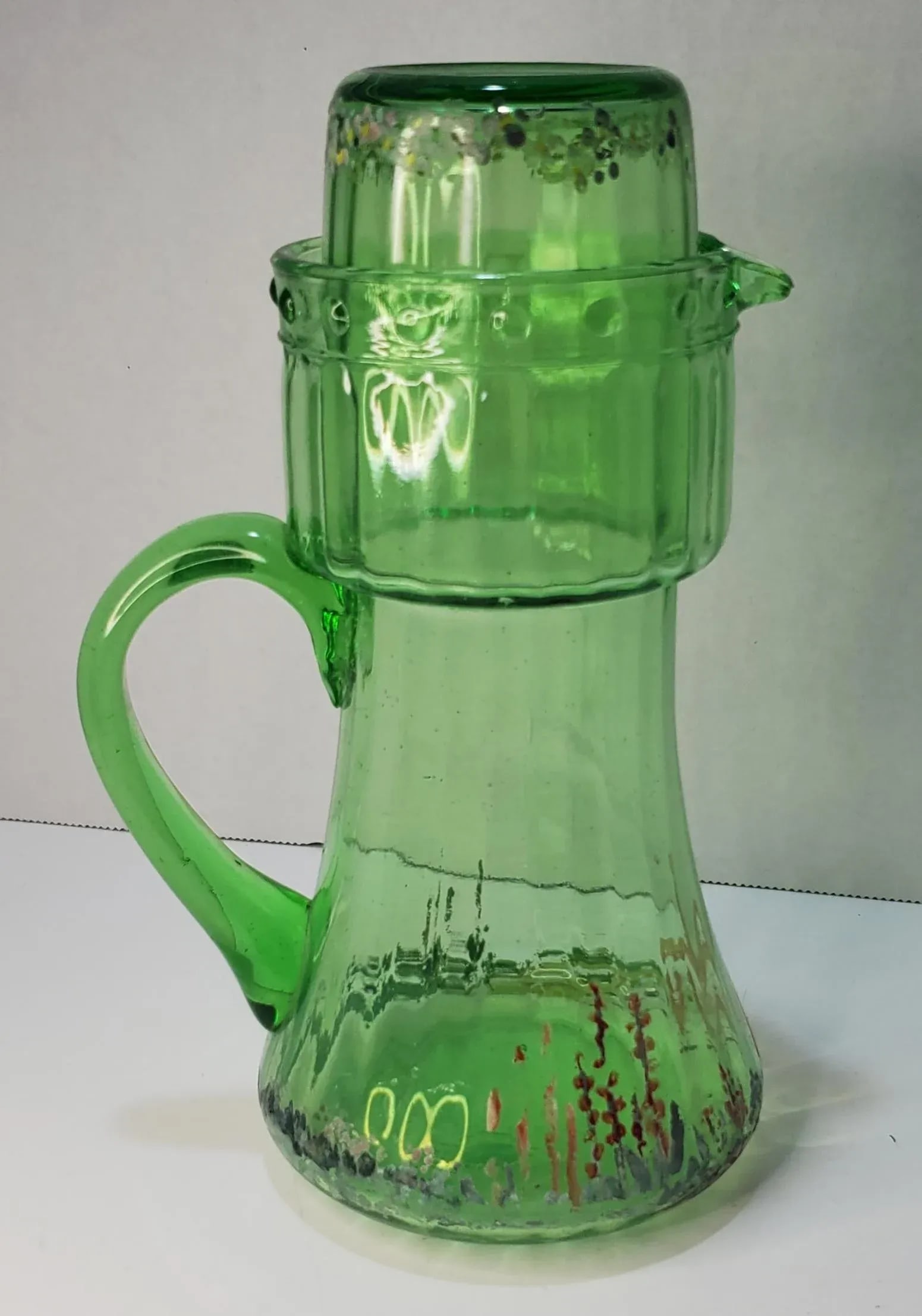 English Green Glass Tumble Up Bedside Carafe With Floral Painted Scene - 10