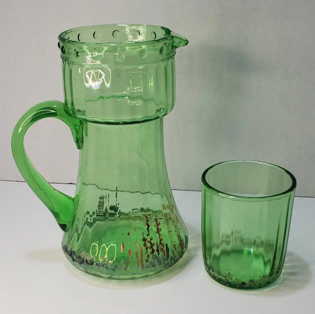 English Green Glass Tumble Up Bedside Carafe With Floral Painted Scene - 2