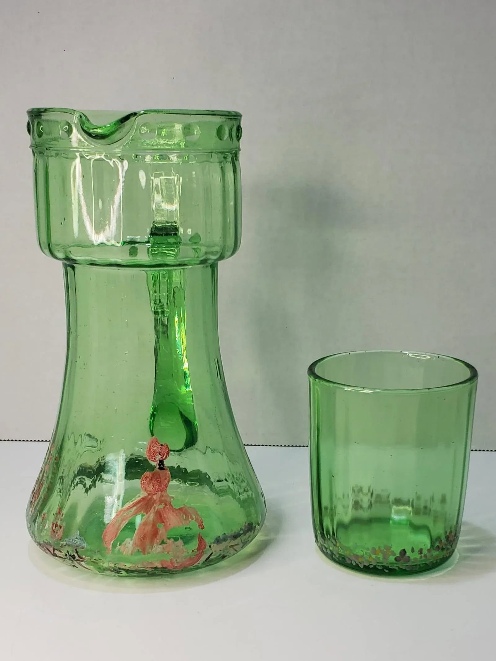 English Green Glass Tumble Up Bedside Carafe With Floral Painted Scene - 3