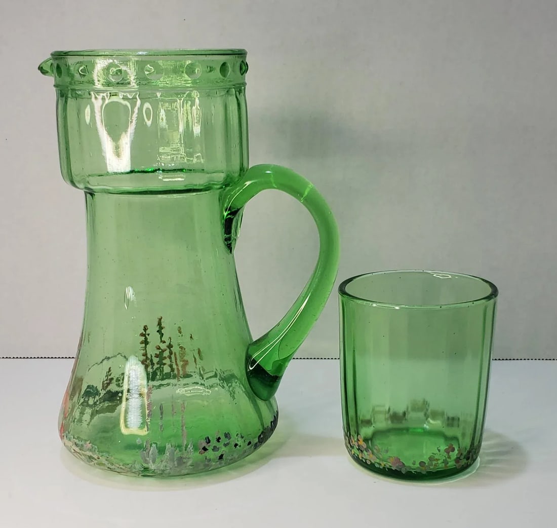 English Green Glass Tumble Up Bedside Carafe With Floral Painted Scene - 4