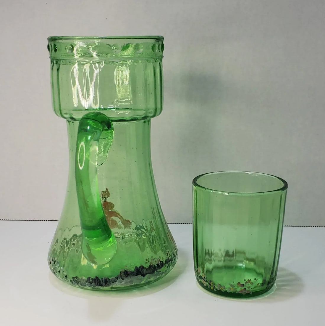 English Green Glass Tumble Up Bedside Carafe With Floral Painted Scene - 5