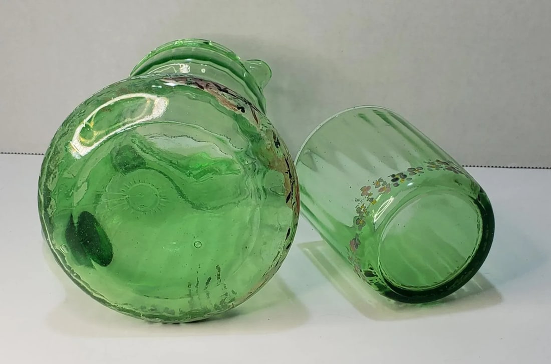 English Green Glass Tumble Up Bedside Carafe With Floral Painted Scene - 6