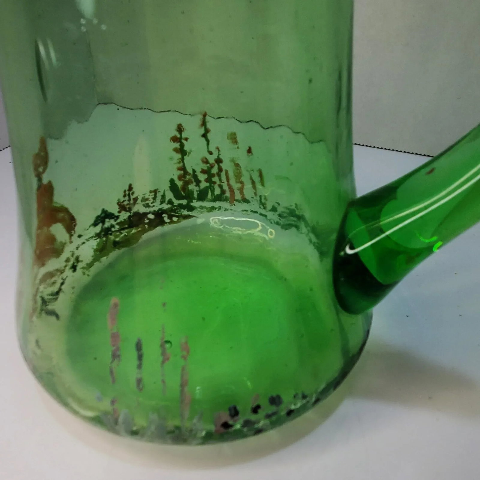 English Green Glass Tumble Up Bedside Carafe With Floral Painted Scene - 7