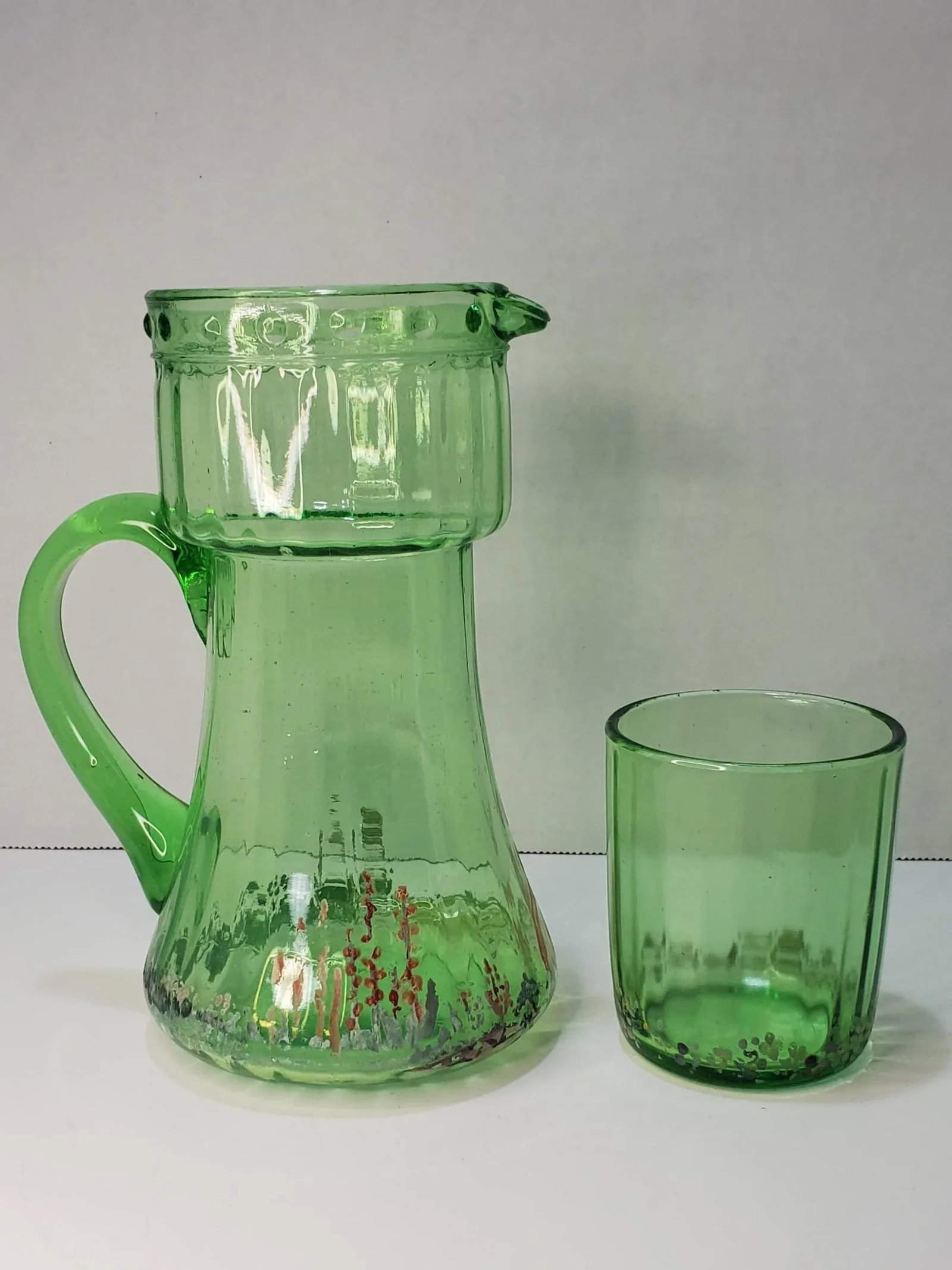 English Green Glass Tumble Up Bedside Carafe With Floral Painted Scene - 9