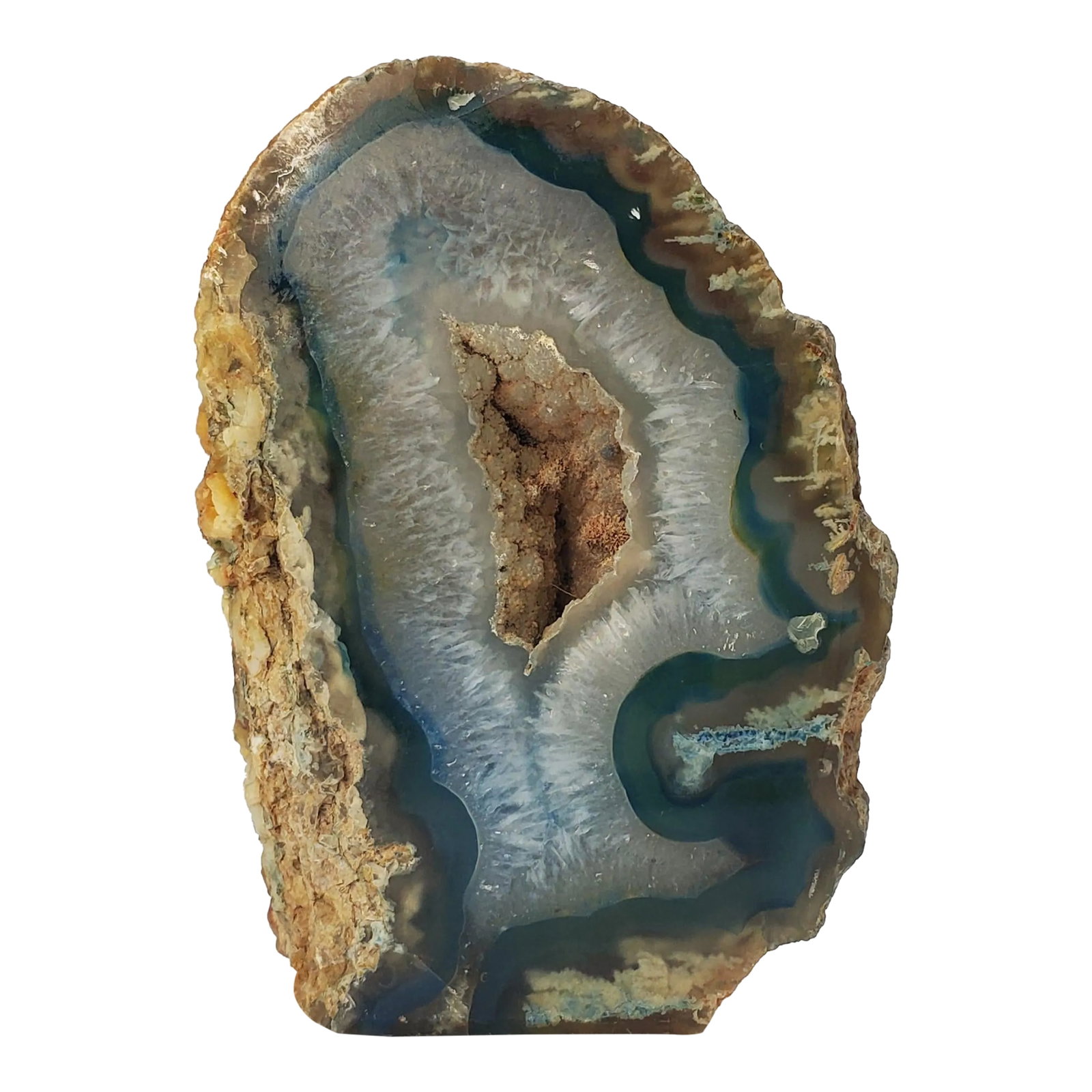 Teal Colored Agate Cut Geode Paperweight: This geode paperweight has the most incredible jewel-toned jade color. It is Stunning! The crystal formations twinkle. The base has been sanded and sits well. Condition: Alterations: Original Conditio