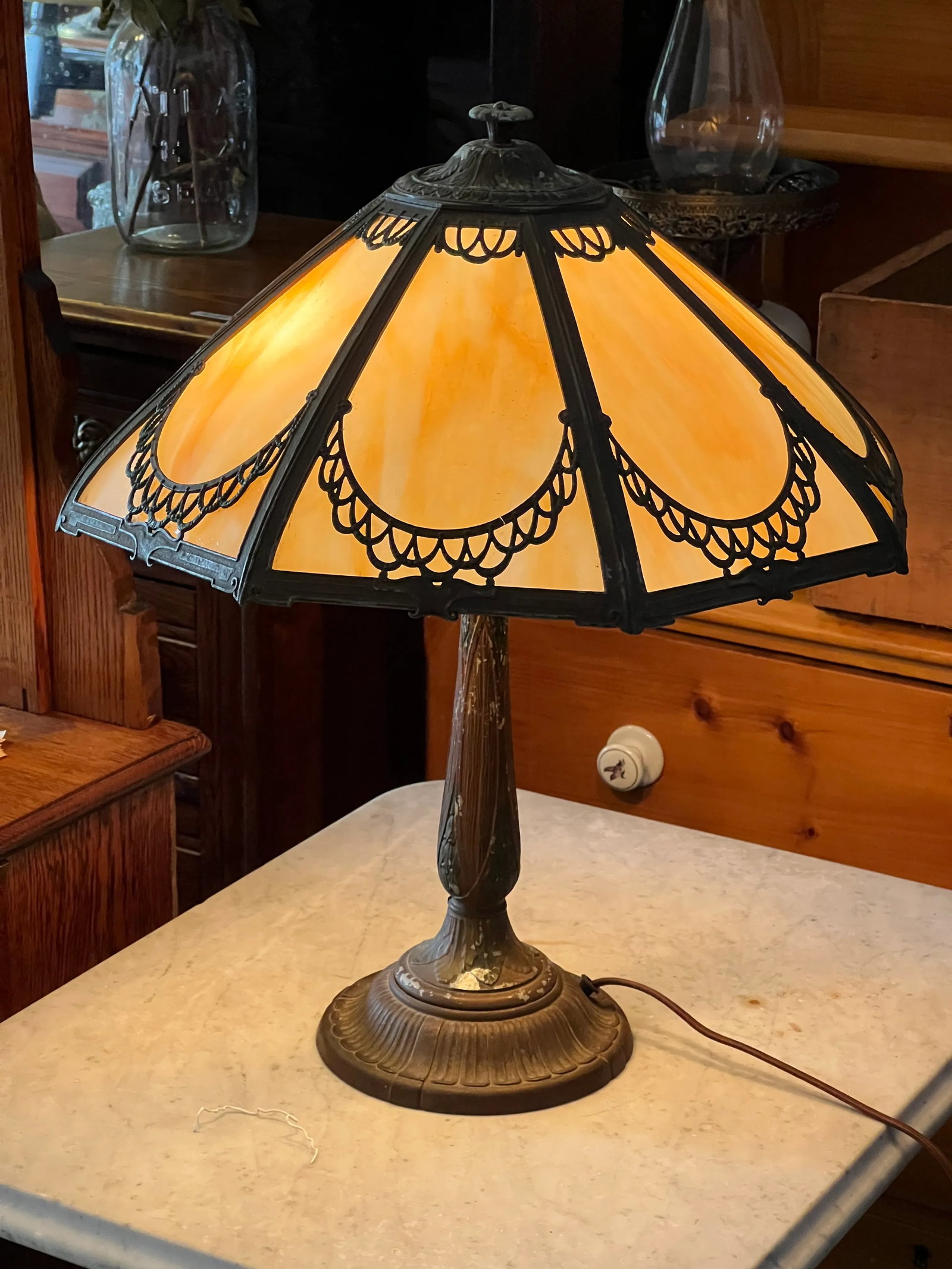 1920s Art Nouveau Caramel Slag Glass Lamp - 11