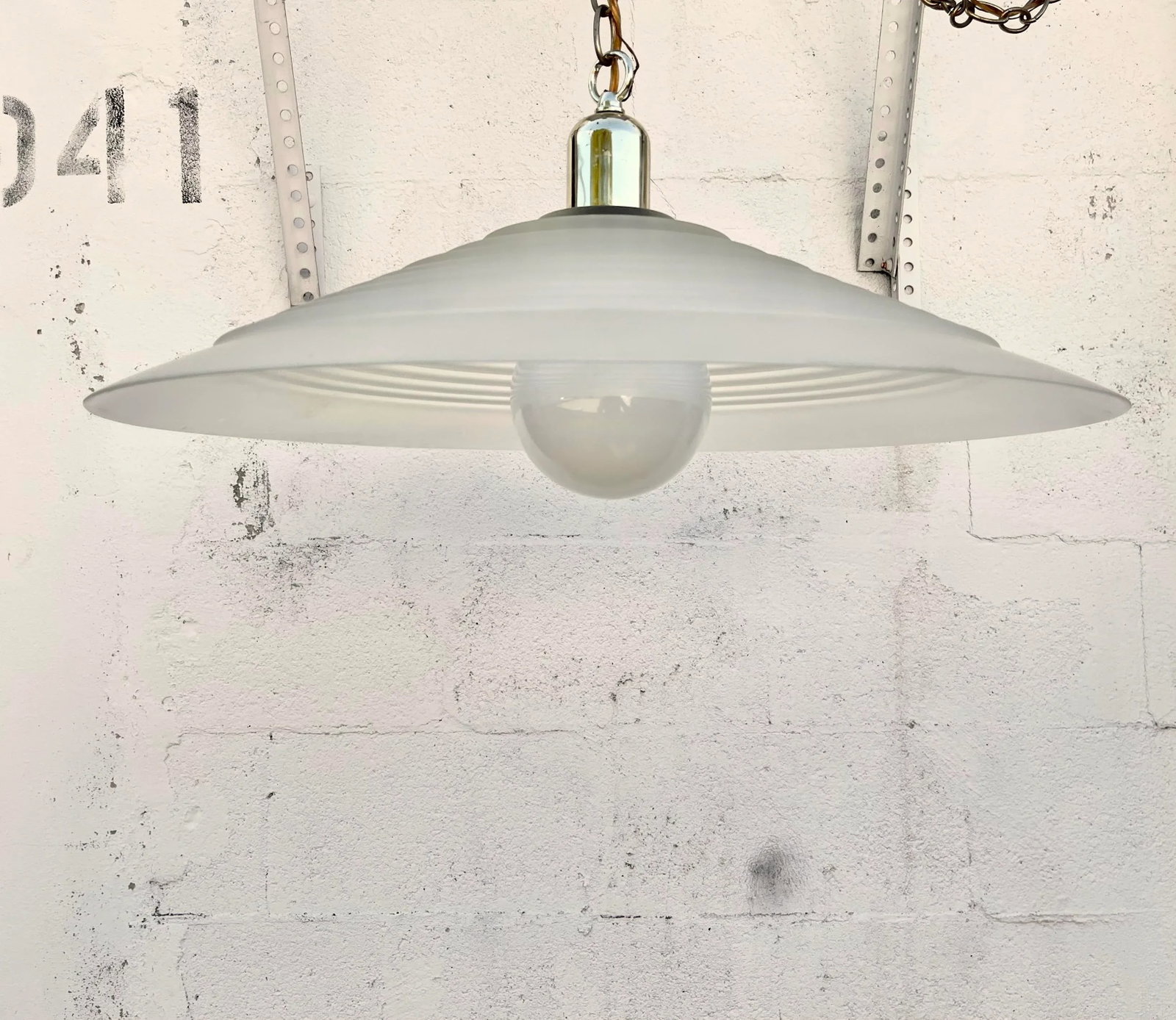 Large Vintage Mid Century Modern Ribbed Glass Ceiling Pendant. - 2