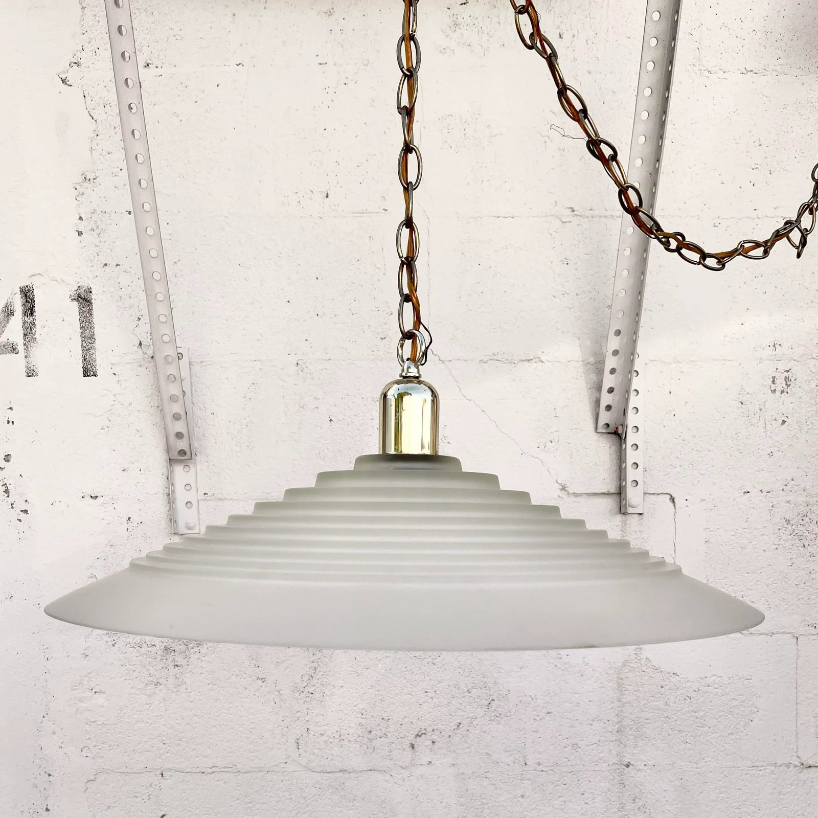 Large Vintage Mid Century Modern Ribbed Glass Ceiling Pendant. - 3