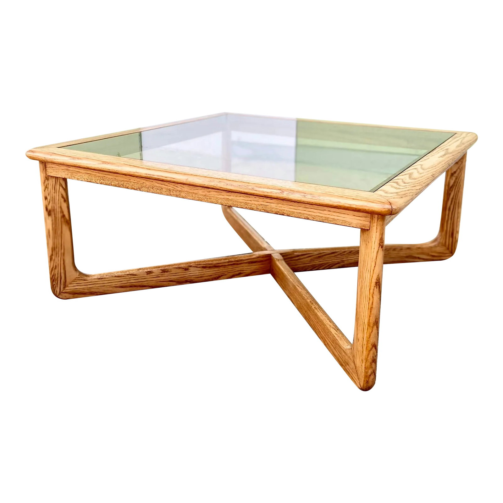 Lane Perception Square Coffee Table With Inset Smoked Glass: Lane Perception Square Coffee Table With Inset Smoked Glass. Large and low profile with classic x-Base. Condition: Alterations: Original Condition Unaltered Imperfections: Some Imperfections