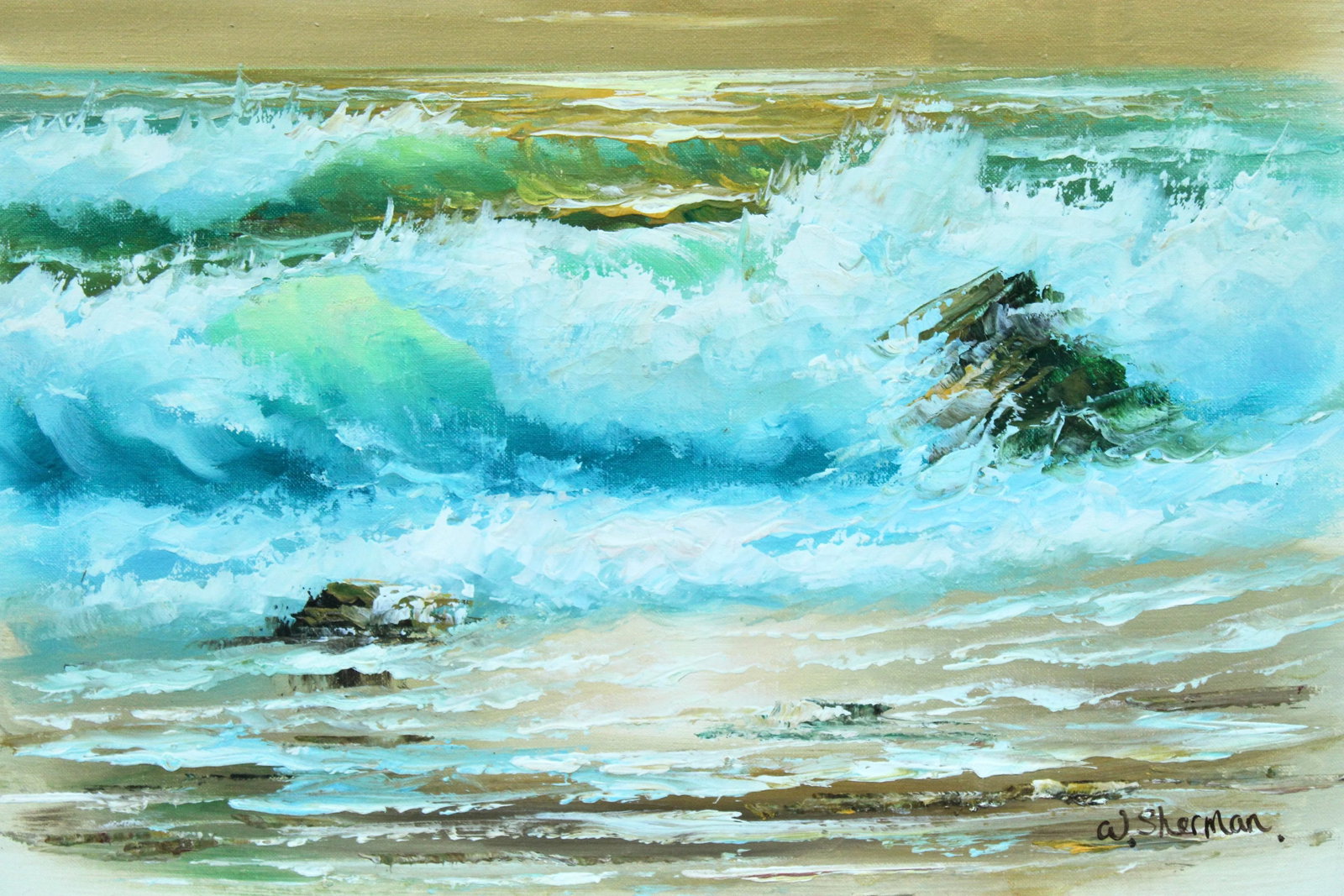 Vintage Beach Seascape Original Oil Painting - 10
