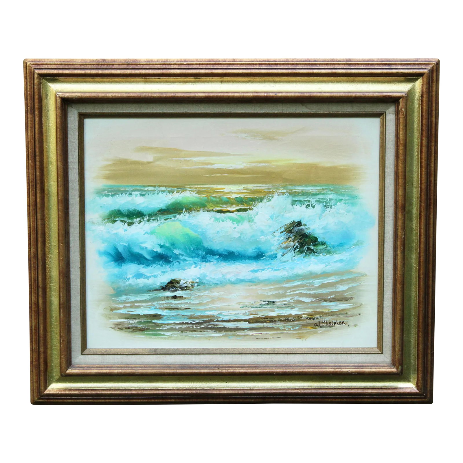 Vintage Beach Seascape Original Oil Painting: A superb vintage original oil painting of a beach scene at sunset with crashing waves. Fine attention to detail with beautiful bright colors. This is a stunning work of art that will charm your home.