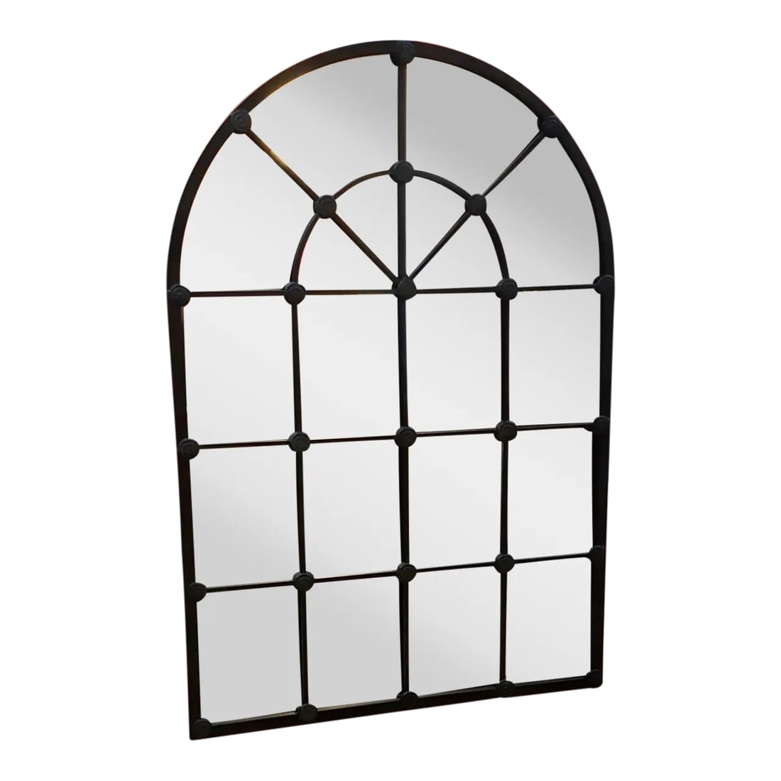 Barwell Forged Metal Framed Arched Mirror With Medallions: Barwell Forged Metal Framed Arched Mirror With Medallions Stunning Barwell forged metal framing with medallion accents throughout the grids. Display on the wall or lean it for a more dramatic look.