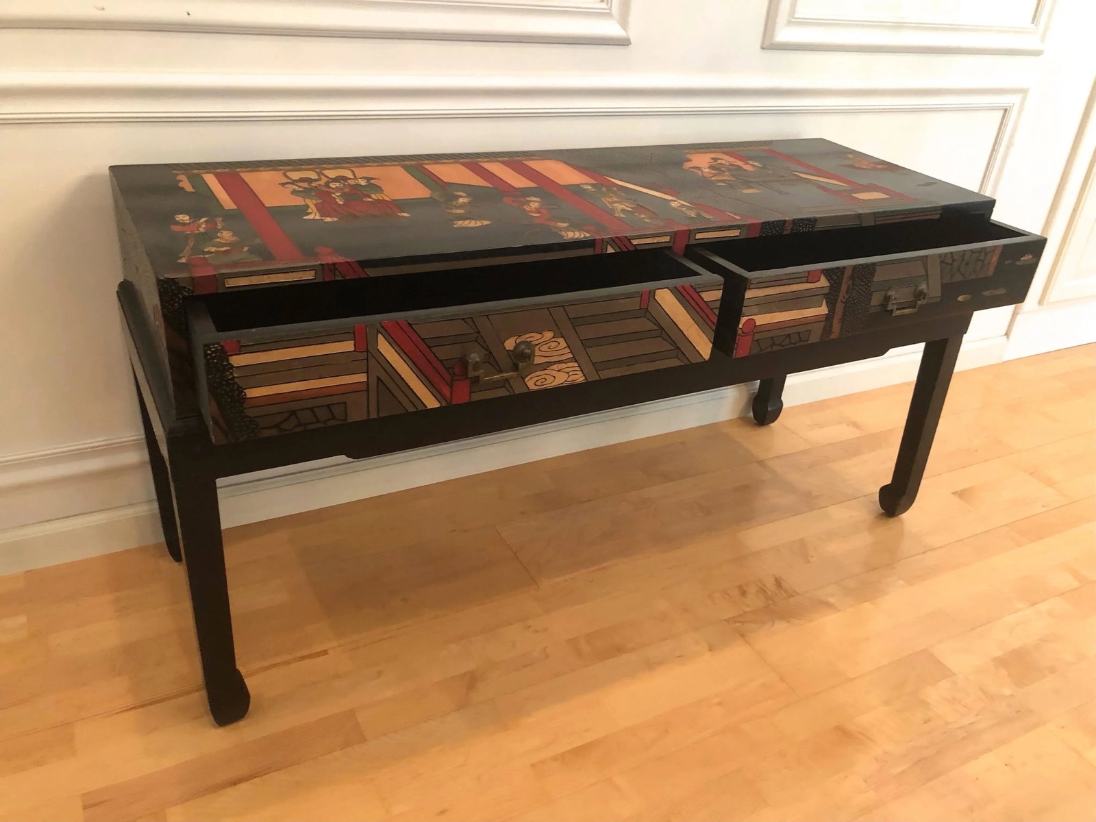 Chinoiserie Sofa Console Table Black Lacquerware Early 20c - 10