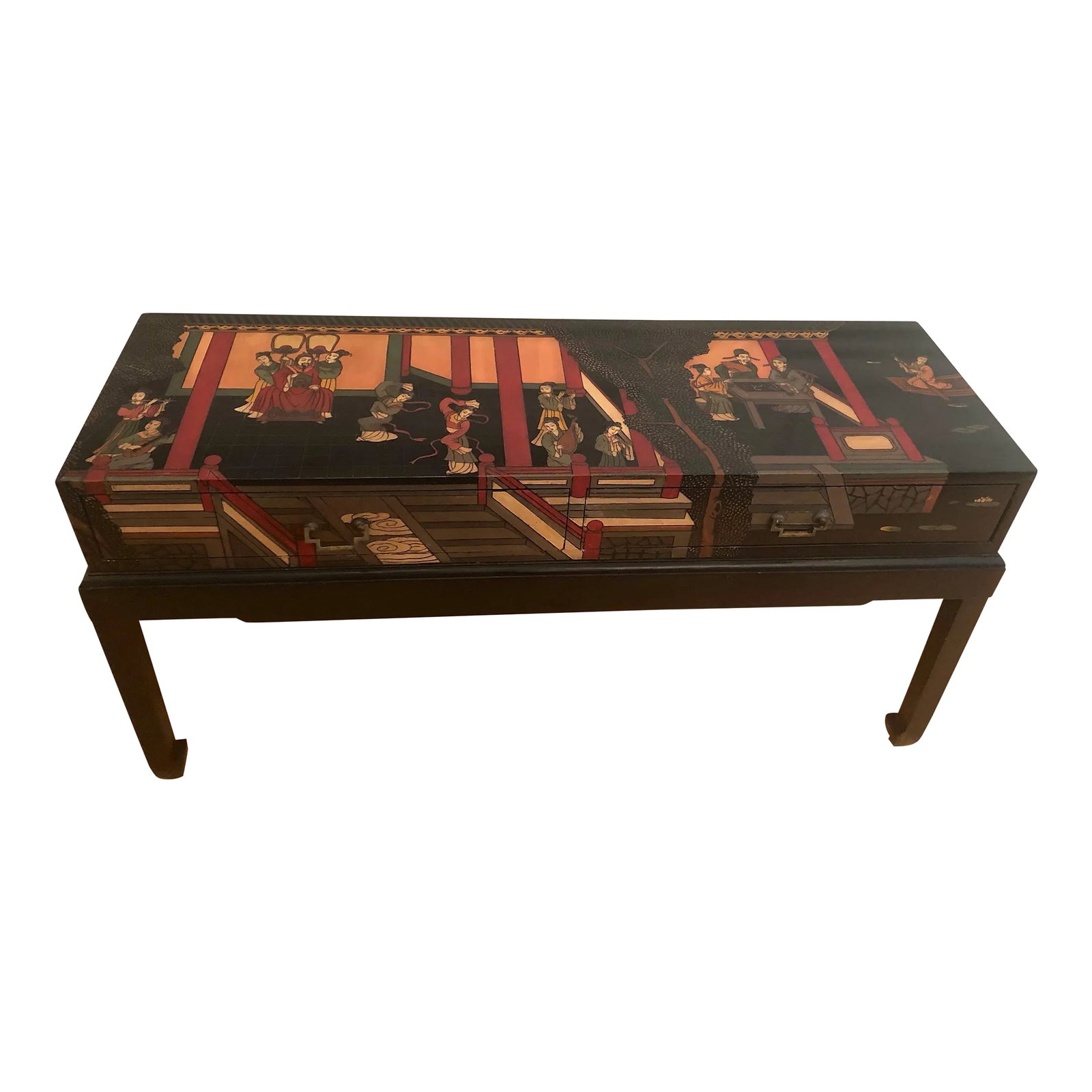 Chinoiserie Sofa Console Table Black Lacquerware Early 20c: Chinese export lacquered console sofa table. Raised coromandel waterfall style. Beautifully hand-crafted in an Asian motif, incised with painted scenes of palace life. The textured images continue