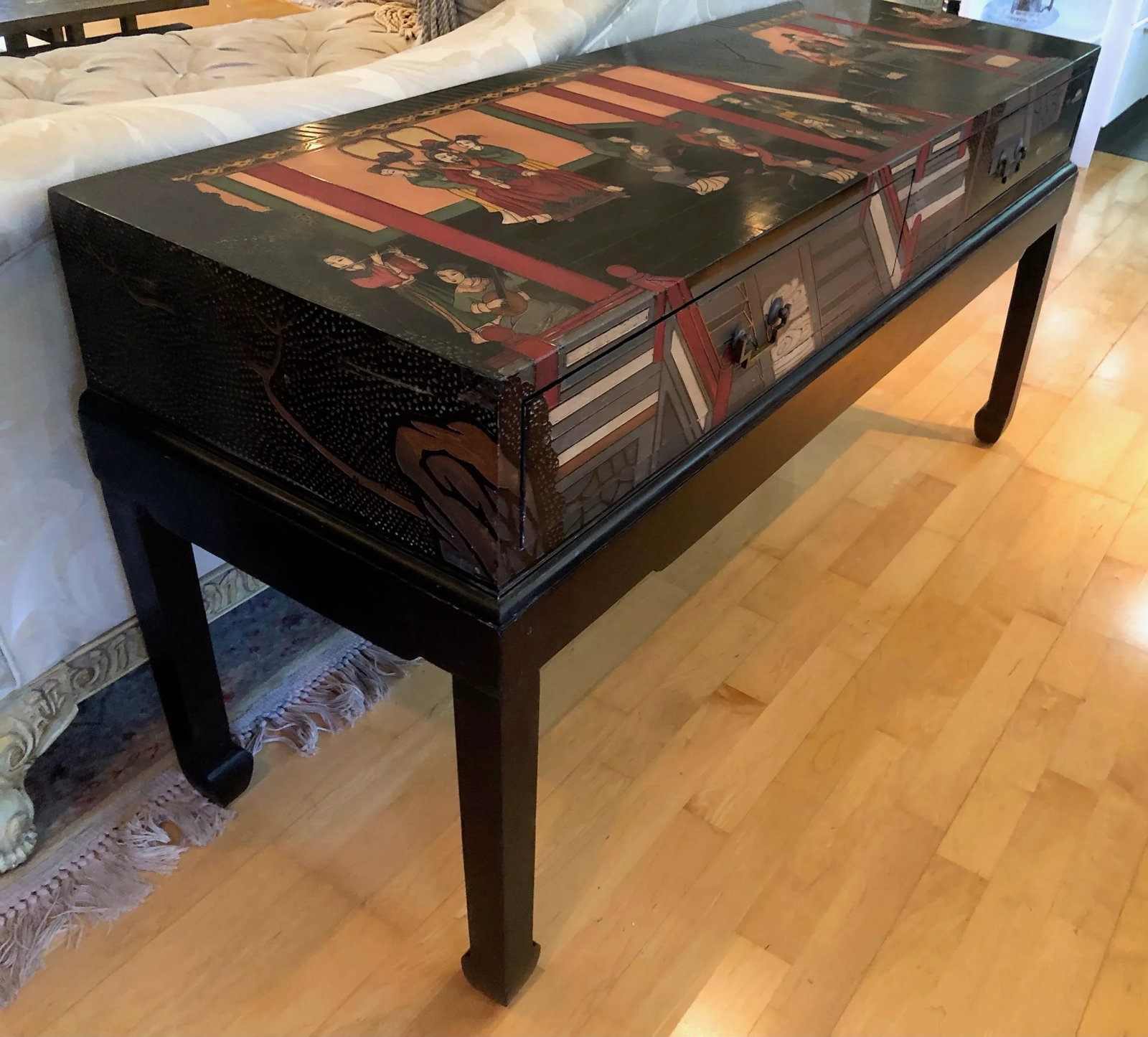Chinoiserie Sofa Console Table Black Lacquerware Early 20c - 2