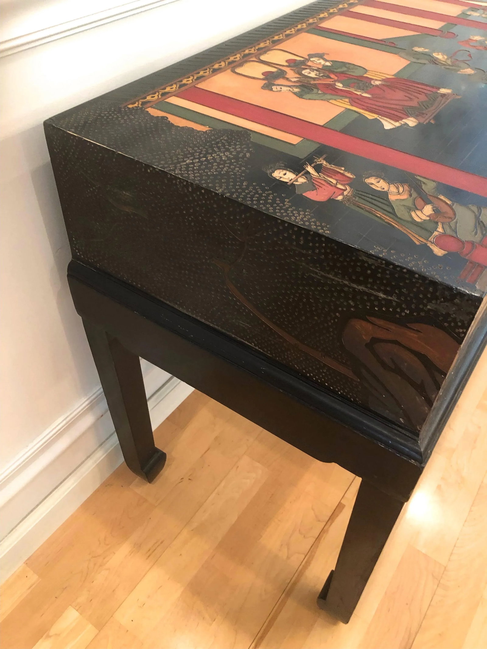 Chinoiserie Sofa Console Table Black Lacquerware Early 20c - 8