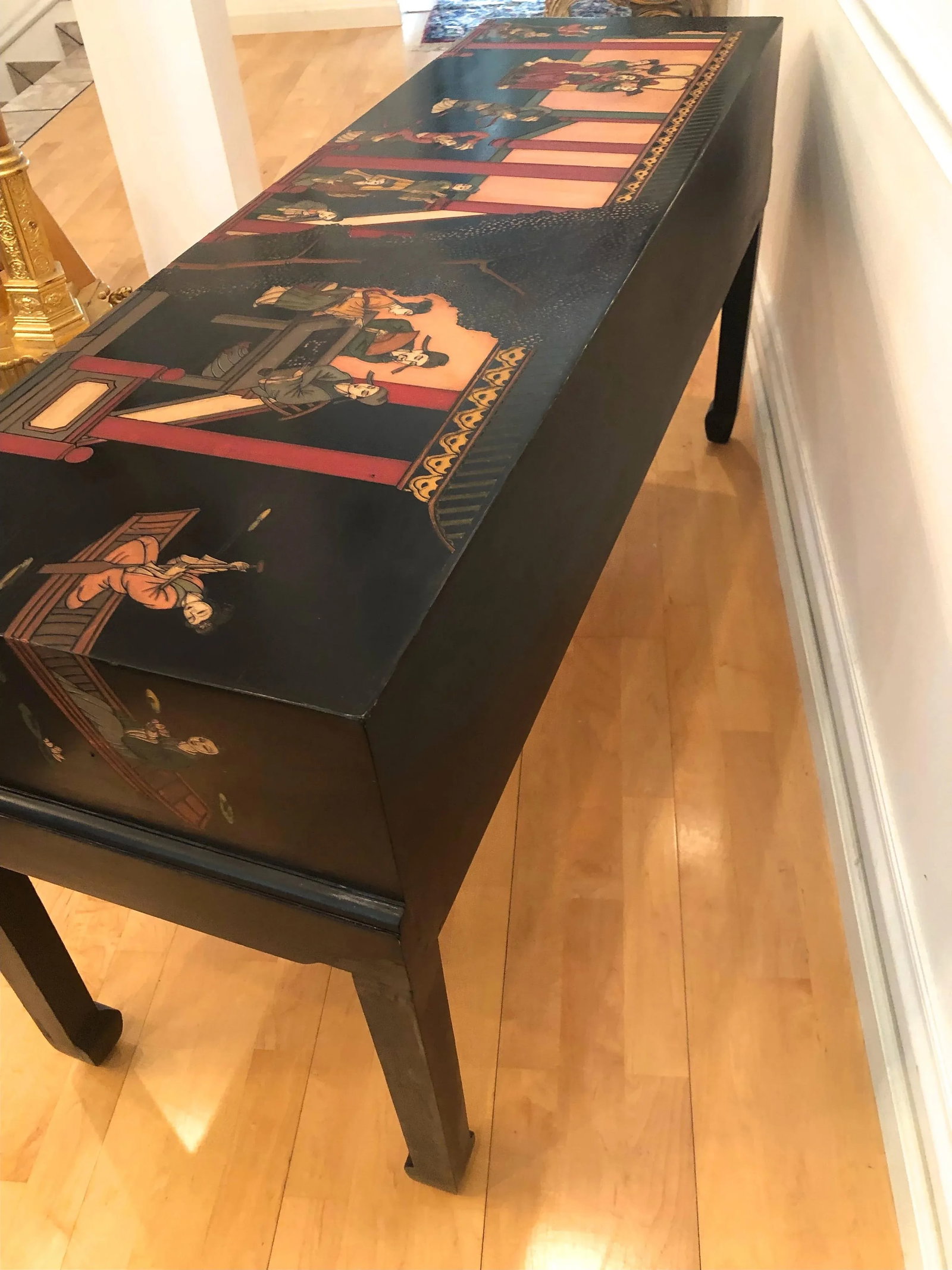 Chinoiserie Sofa Console Table Black Lacquerware Early 20c - 9