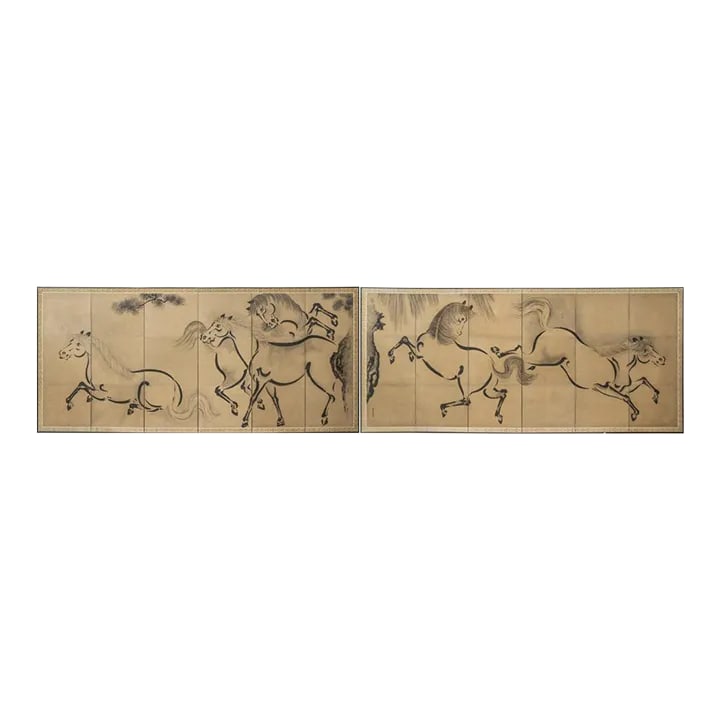 Japanese Pair of Folding Screens Byobu Antique Paper Black Calligraphy Large Horses Animals Screen S: "Horses are a superb creation... charged with symbolism, strength, dynamism and beauty" signed and stamped to lower right and lower left TSUNENOBU each screen is 66 x 144 inches Strong and steady call