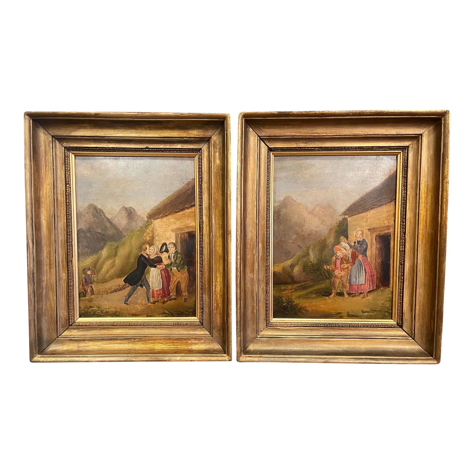 Pair of 19th Century French Pastoral Oil on Board Paintings in Gilt Frames: Decorate a study or office with this elegant pair of antique paintings. Created in France circa 1880 and painted on board, both colorful art work are set in a carved gilt wood frame. Each composition 