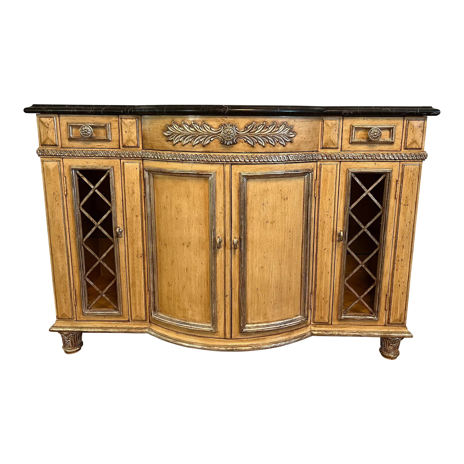 Beige Marble Top Sideboard/Credenza/Hall Table - Century Furniture: Marble Top Sideboard/Credenza/Hall Table - Century Furniture: Gorgeous credenza with beautiful polished black marble top with white veins. Beige/gold solid wood construction - made in North Carolina, 