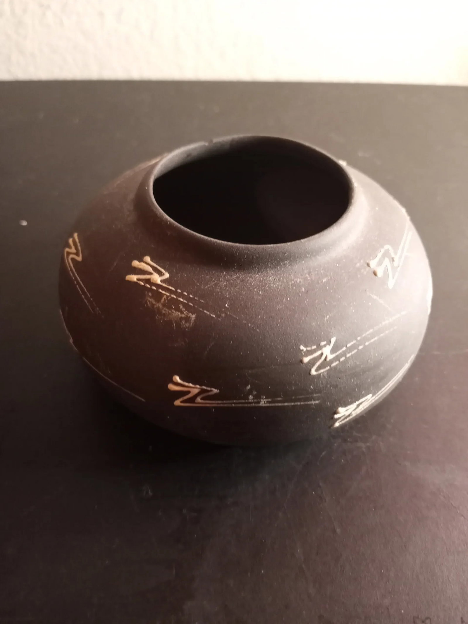 Vintage Signed Black Southwest Pattern Pottery Squat Bud Vase - 3