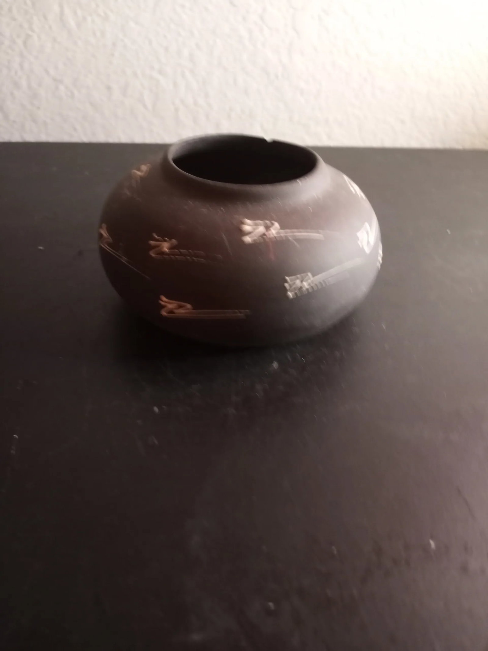 Vintage Signed Black Southwest Pattern Pottery Squat Bud Vase - 4