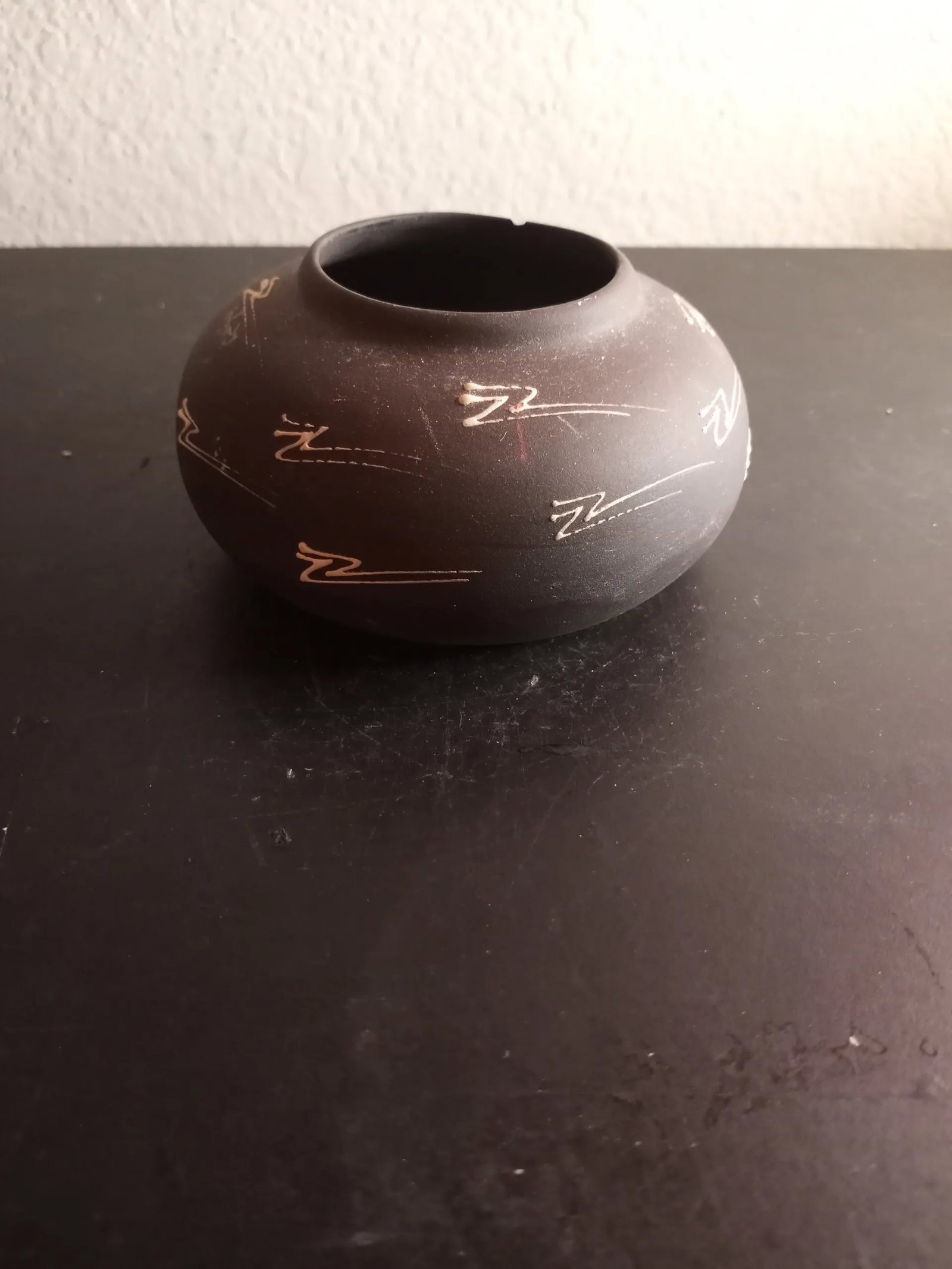 Vintage Signed Black Southwest Pattern Pottery Squat Bud Vase - 6