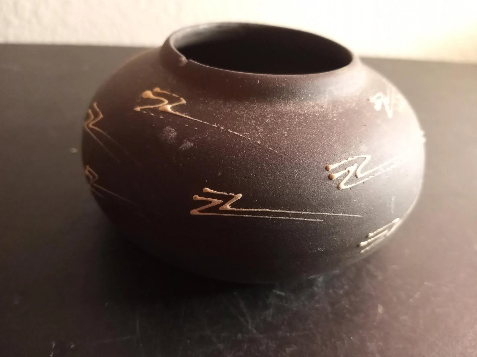 Vintage Signed Black Southwest Pattern Pottery Squat Bud Vase - 7