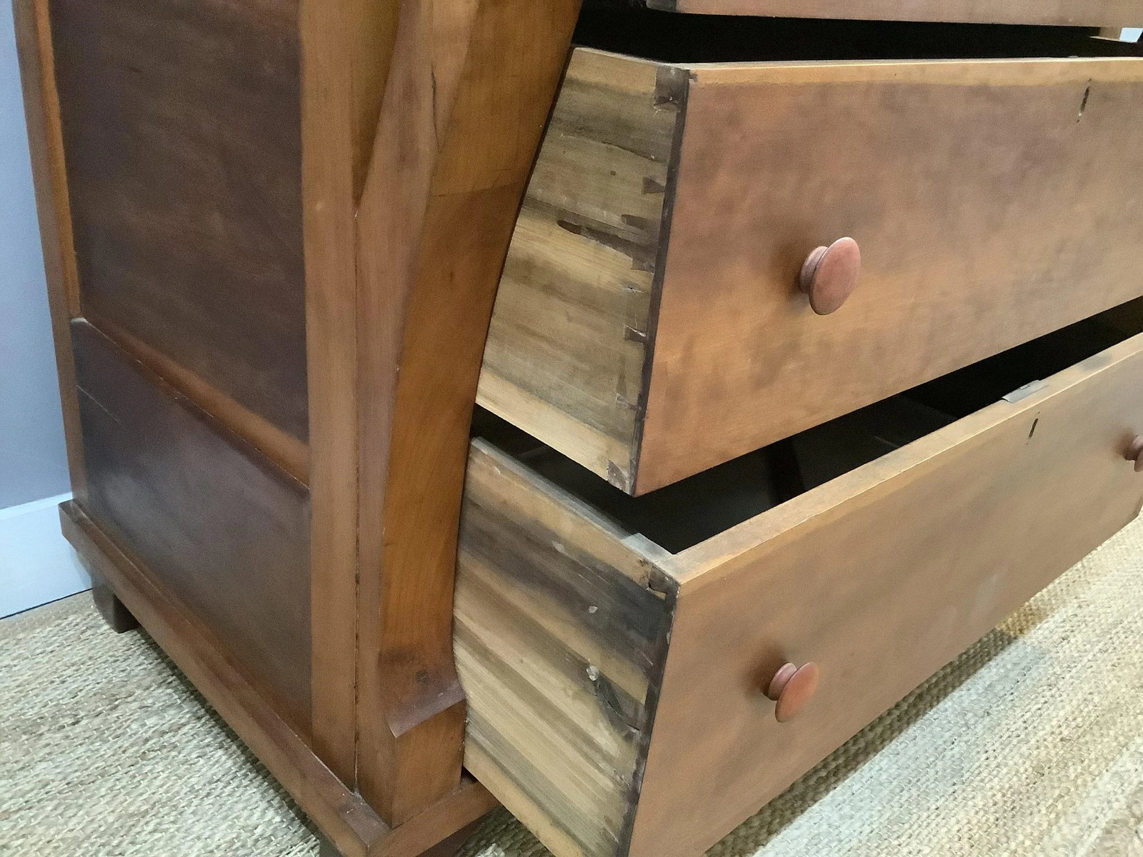 Antique Empire Tall Dresser Solid Wood Curved Front 4 Deep Drawers W Key - 10