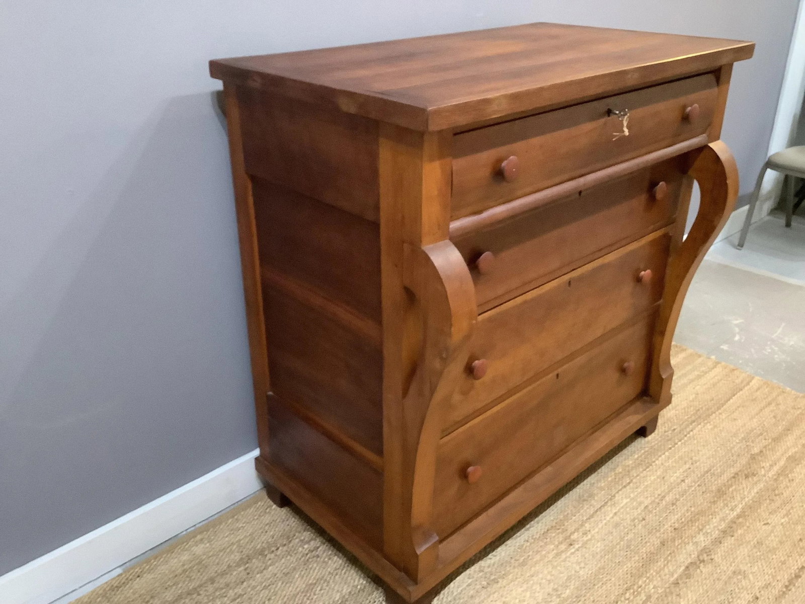 Antique Empire Tall Dresser Solid Wood Curved Front 4 Deep Drawers W Key - 13