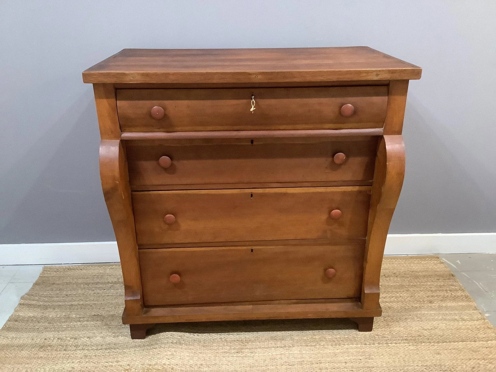 Antique Empire Tall Dresser Solid Wood Curved Front 4 Deep Drawers W Key - 2
