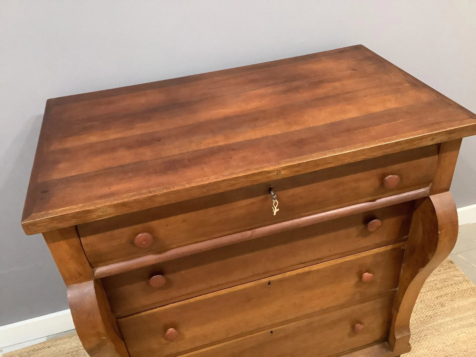 Antique Empire Tall Dresser Solid Wood Curved Front 4 Deep Drawers W Key - 3