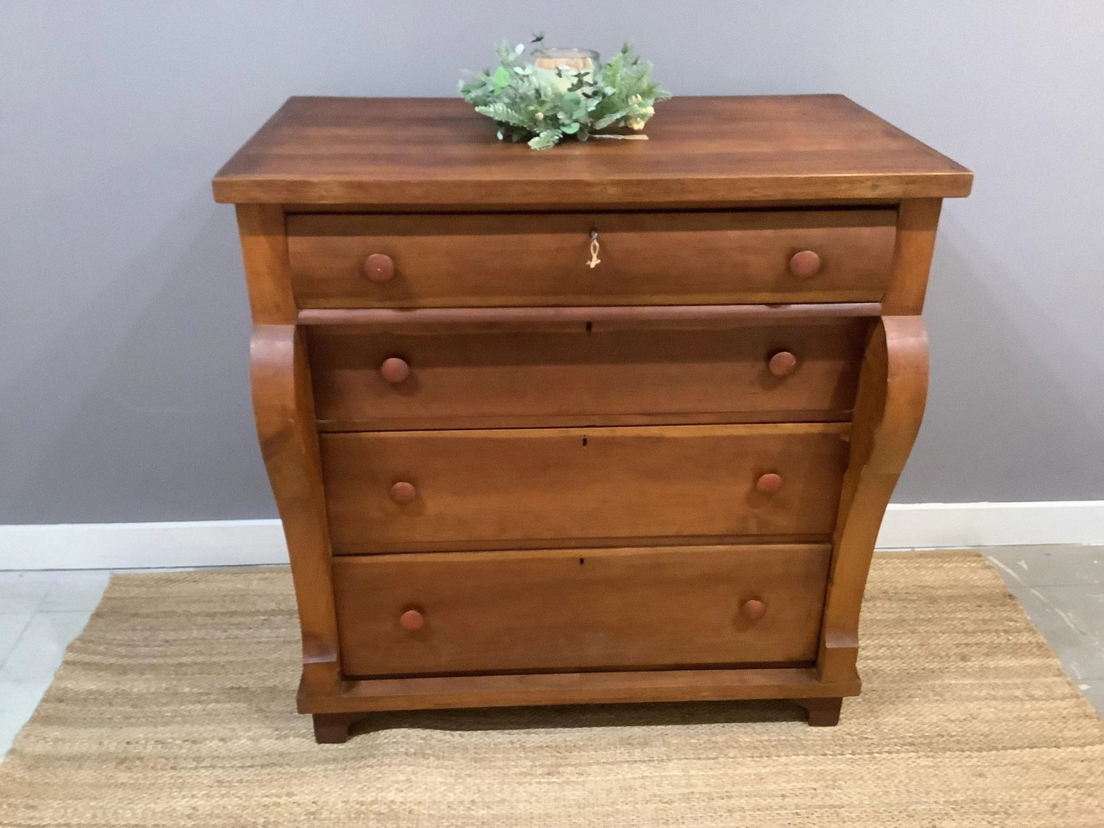 Antique Empire Tall Dresser Solid Wood Curved Front 4 Deep Drawers W Key - 7