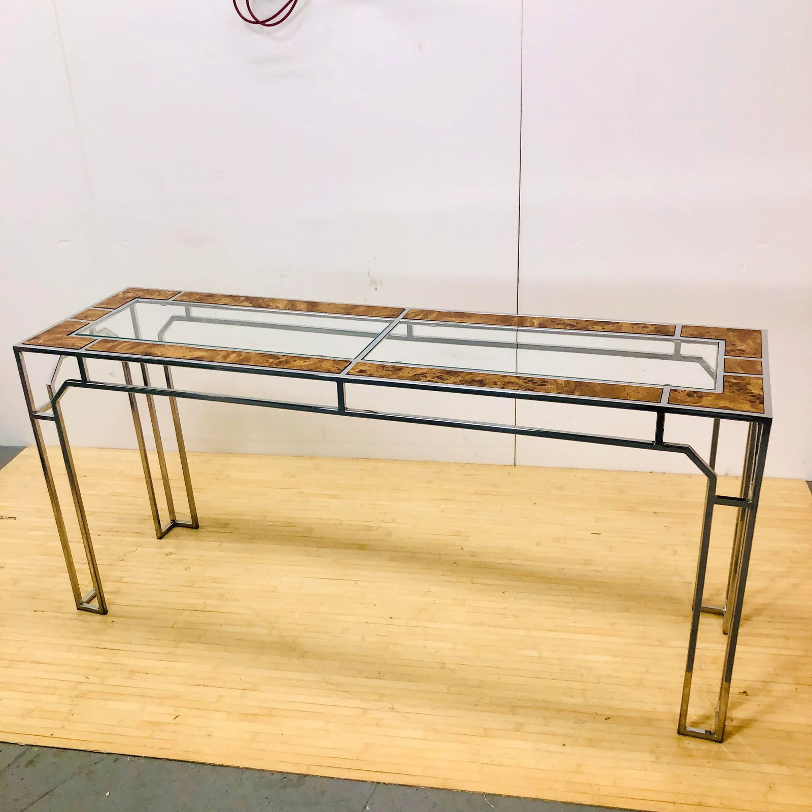 Burlwood & Chrome Console Table | Milo Baughman - 11