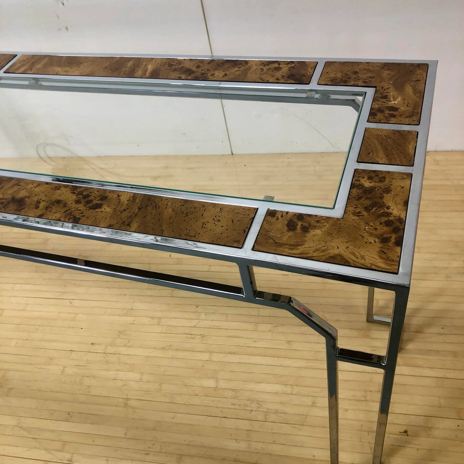 Burlwood & Chrome Console Table | Milo Baughman - 4