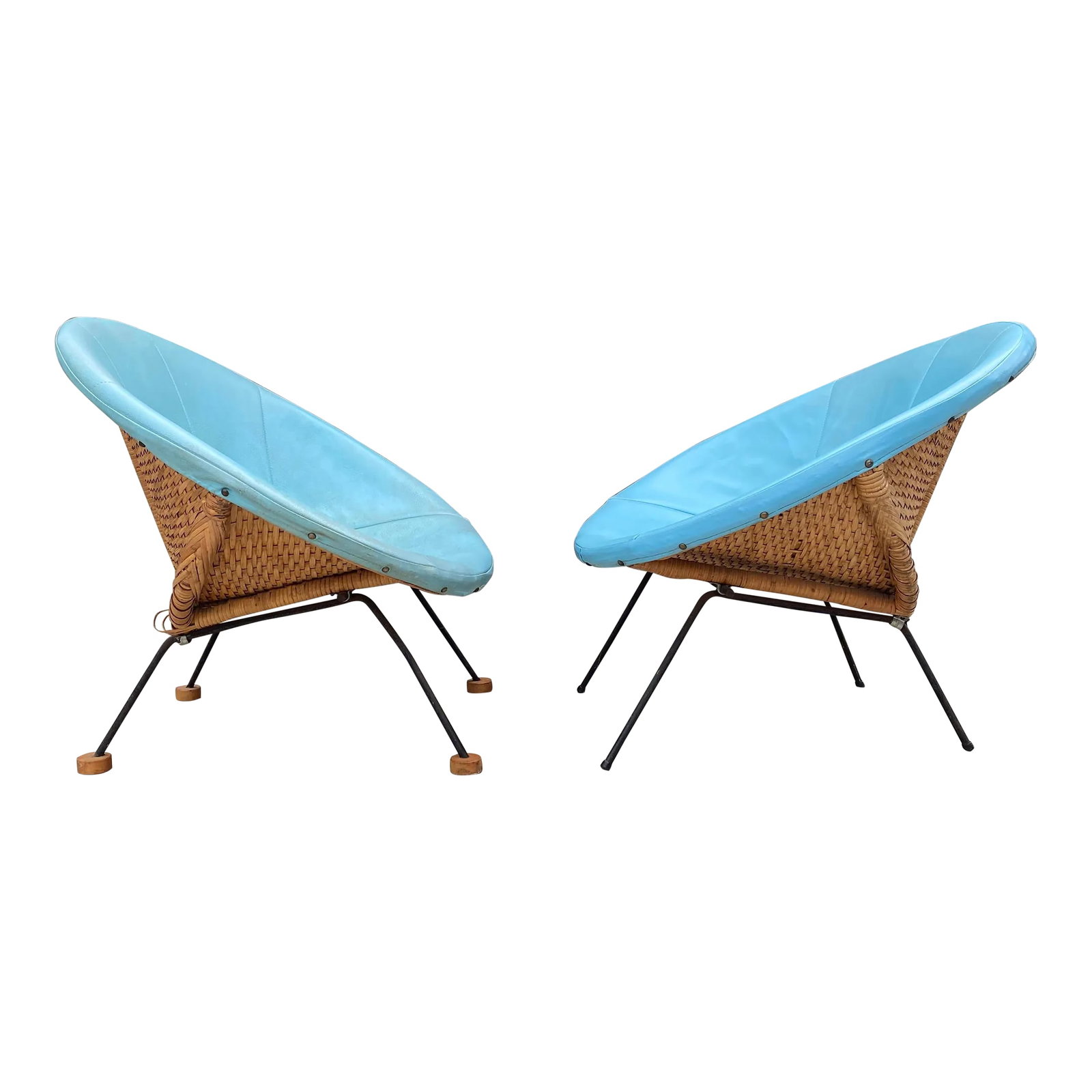 Mid Century Rattan Club Chairs - a Pair: For sale we have a stunning pair of mid century rattan club chairs or side chairs, both with their original turquoise faux leather or vinyl seat covers. Both chairs sit on a cast iron frame with one c