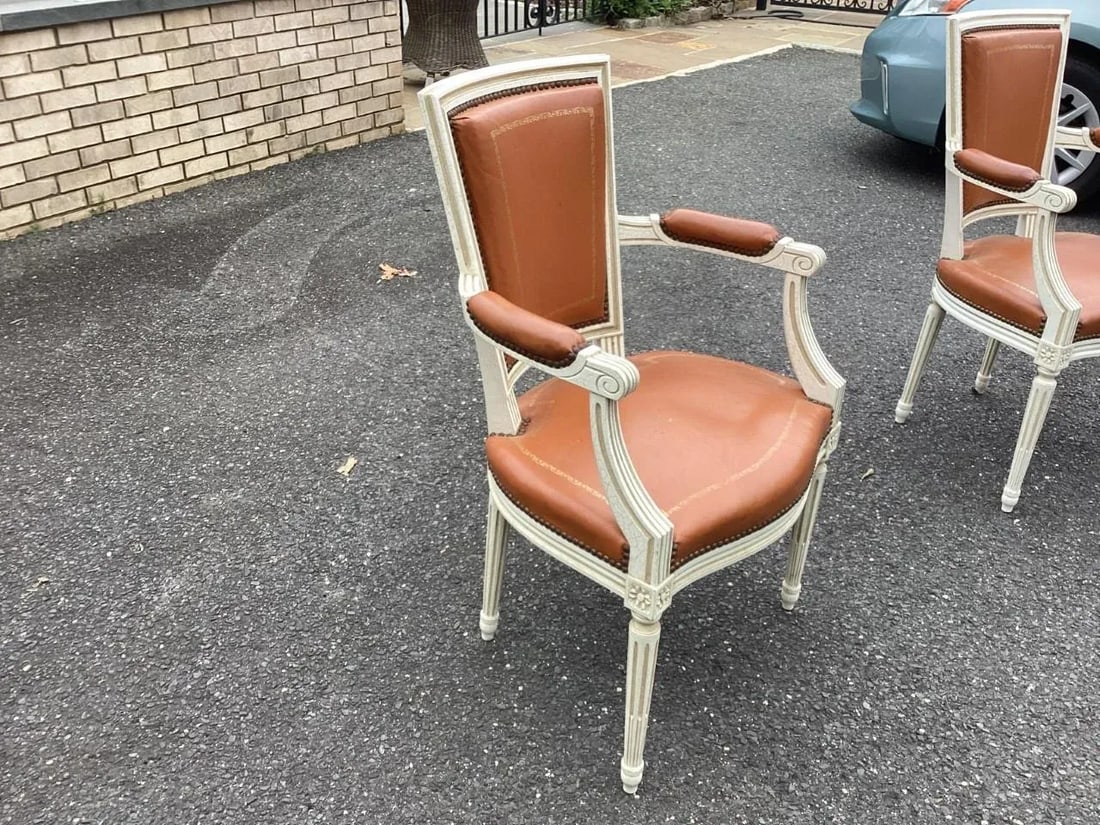 1950s Vintage Louis XVI French Leather Painted Chairs - Set of 2 - 6