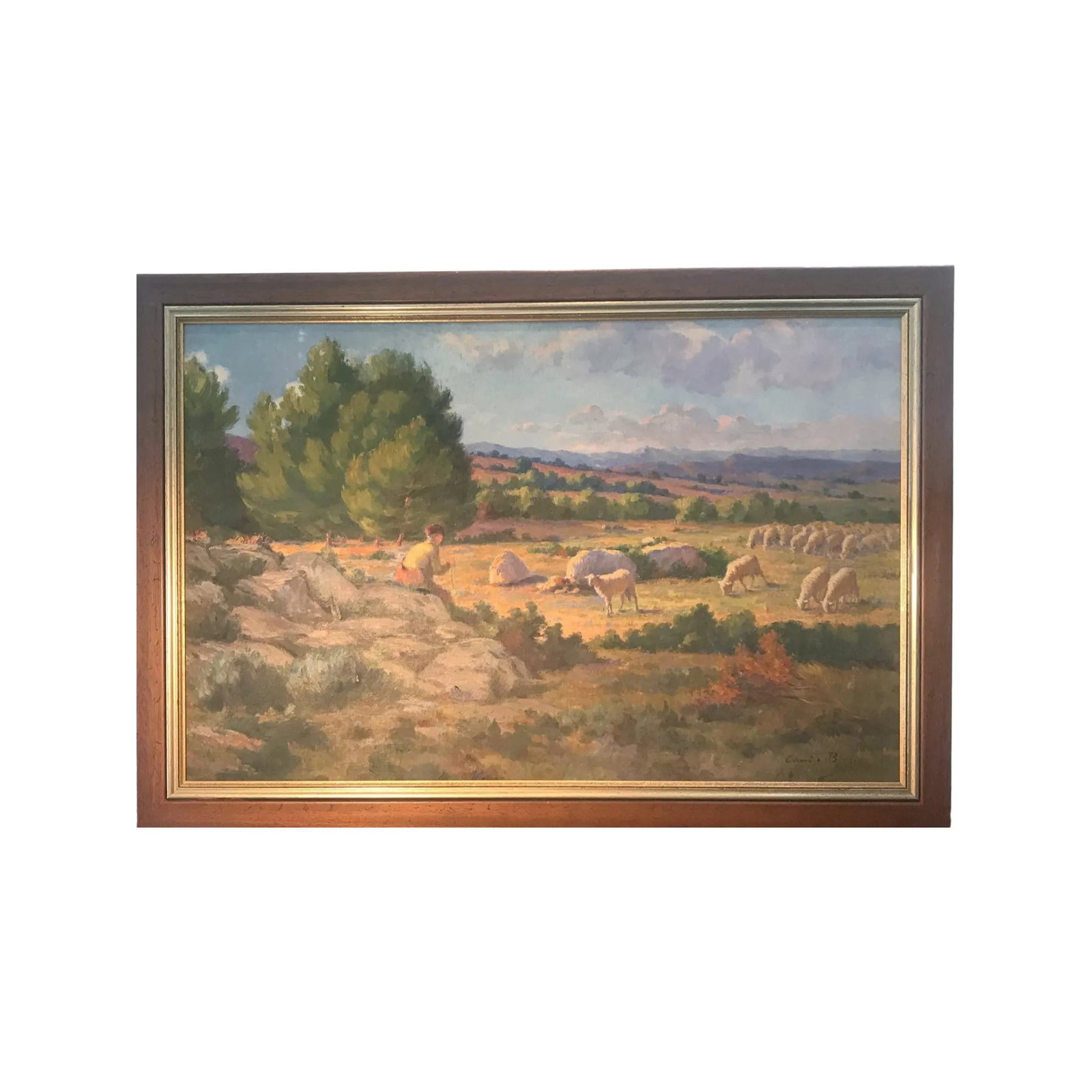 Circa 1900 French Landscape with Shepherd and Flock of Sheep Oil Painting by Charles Joseph Berges, - 10