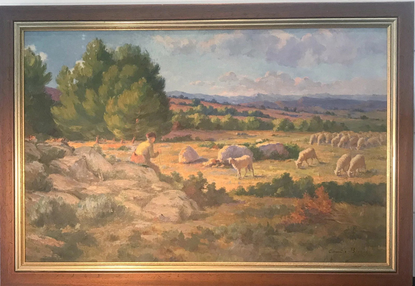 Circa 1900 French Landscape with Shepherd and Flock of Sheep Oil Painting by Charles Joseph Berges, - 2