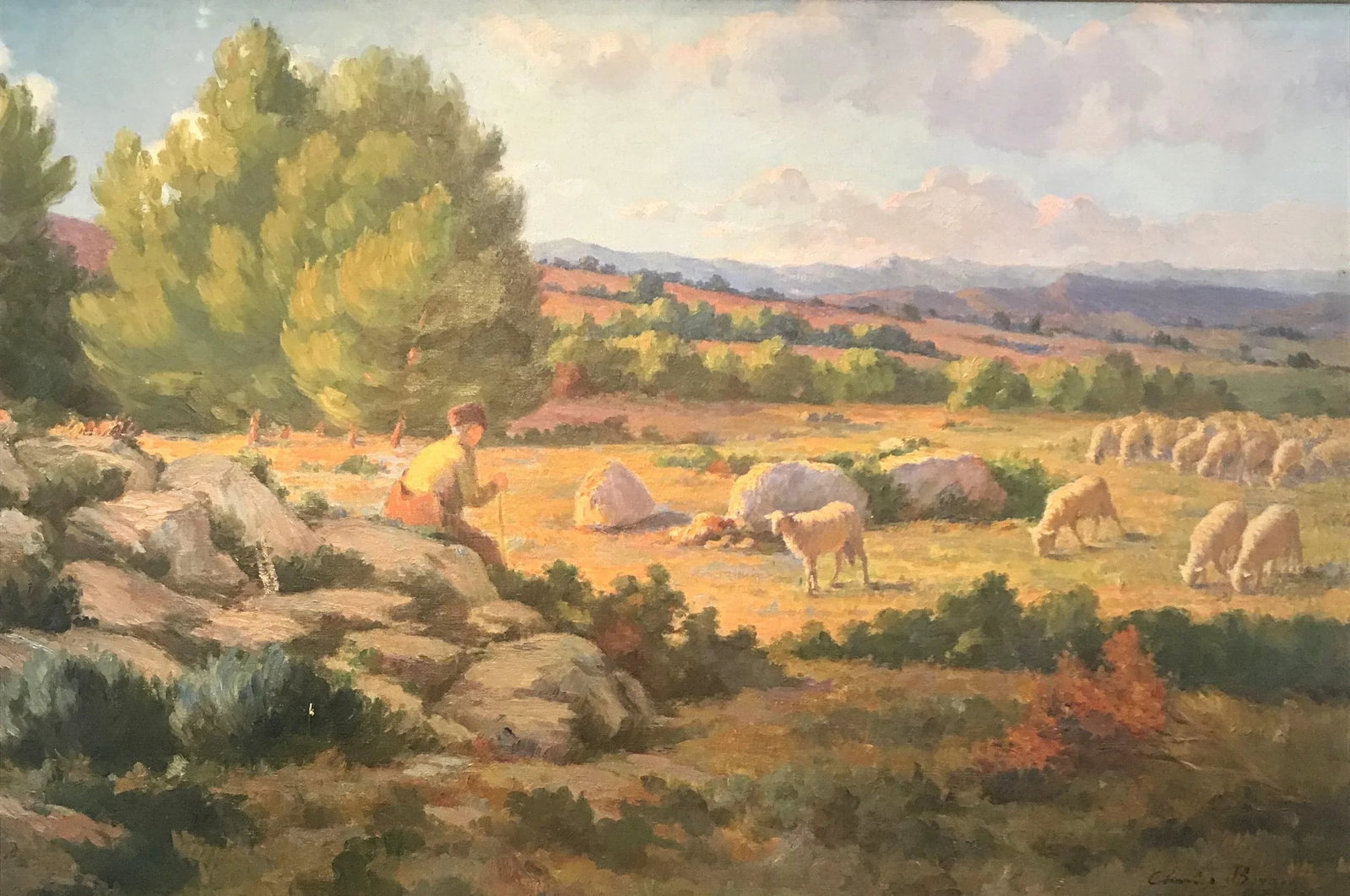 Circa 1900 French Landscape with Shepherd and Flock of Sheep Oil Painting by Charles Joseph Berges, - 3