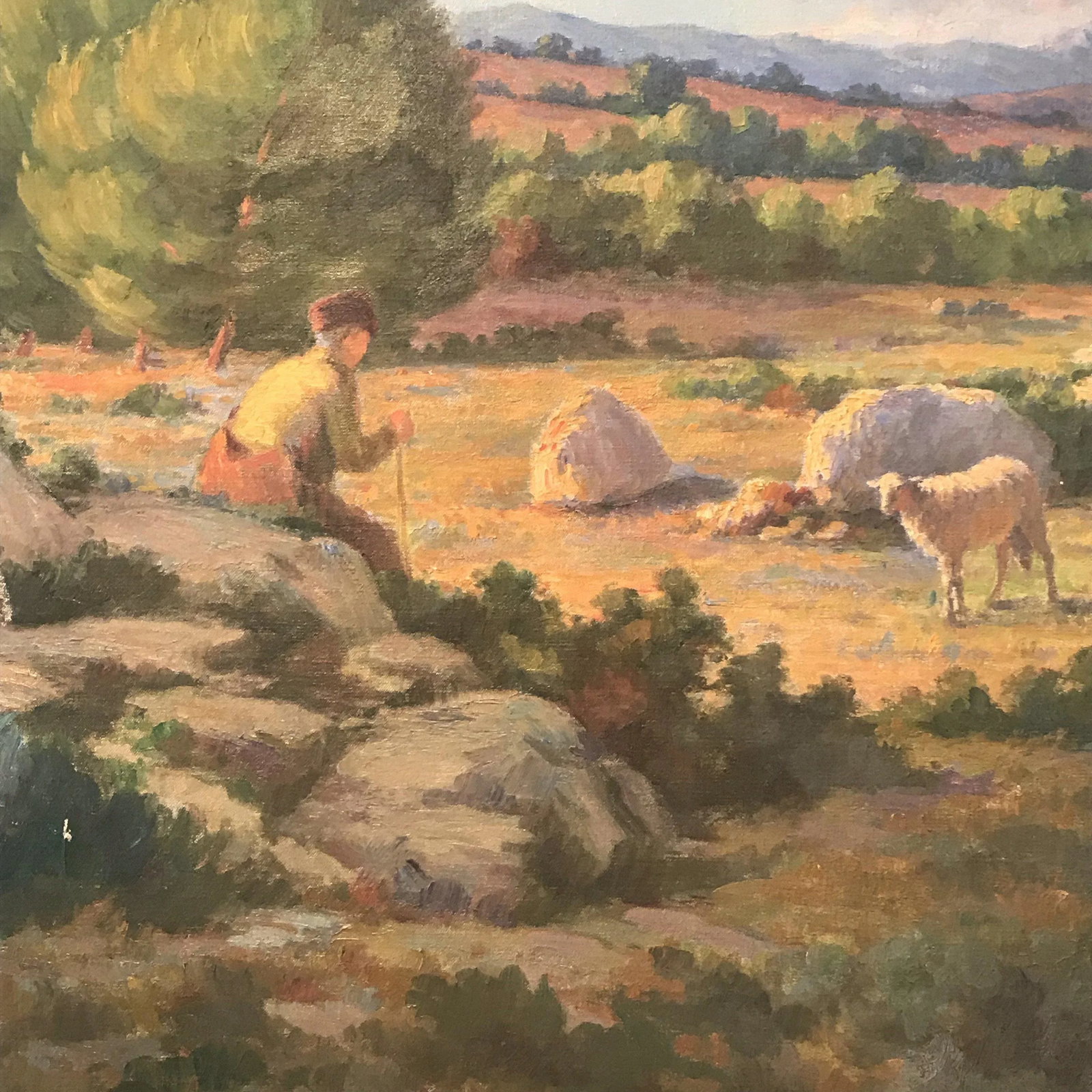 Circa 1900 French Landscape with Shepherd and Flock of Sheep Oil Painting by Charles Joseph Berges, - 5