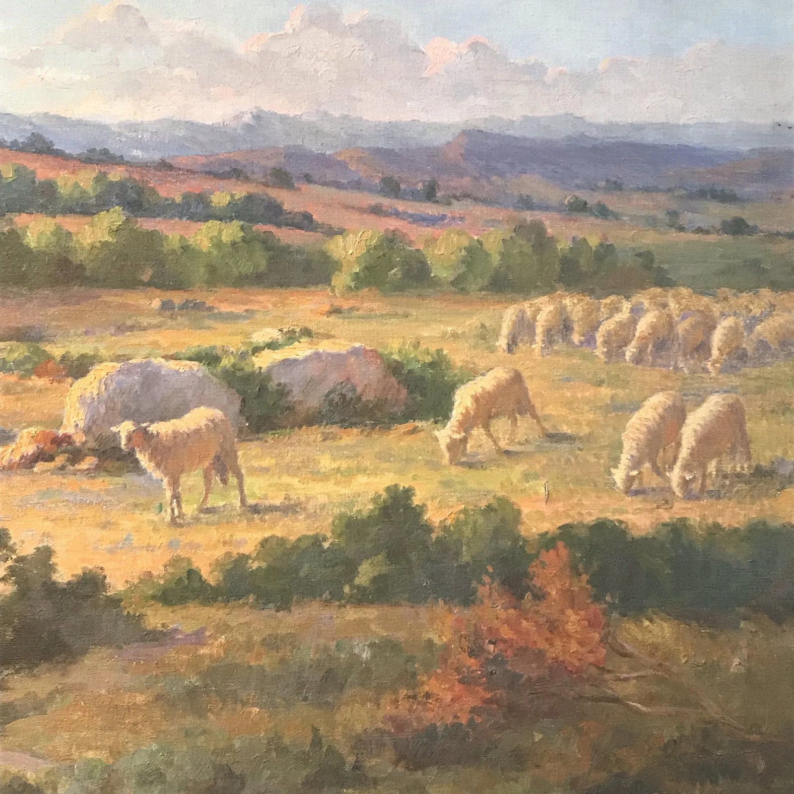 Circa 1900 French Landscape with Shepherd and Flock of Sheep Oil Painting by Charles Joseph Berges, - 6