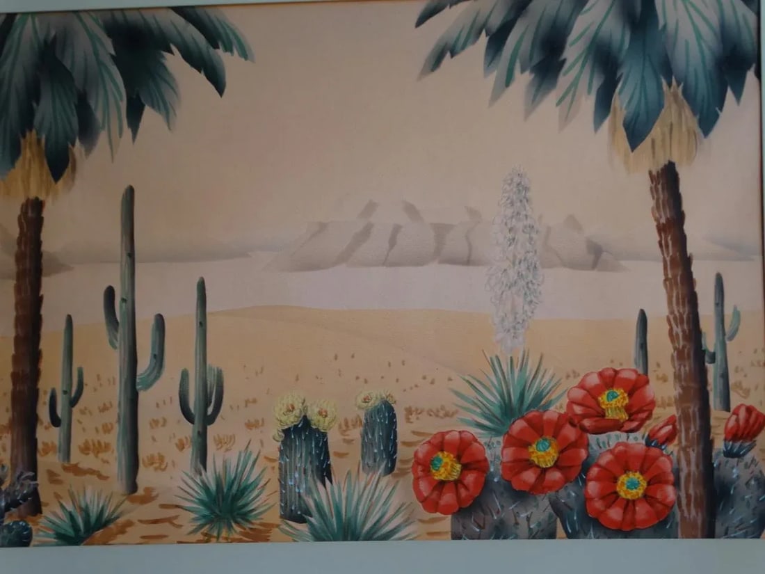 Vintage Shirrell Graves Cacti, Agave and Palms in Desert Landscape Watercolor Painting, Framed - 3